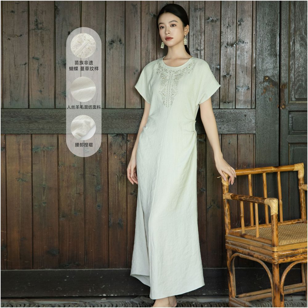 Anytime Still Water Butterfly Embroidery New Chinese Style Rayon Wool Blend Slimming Dress for Women image 1