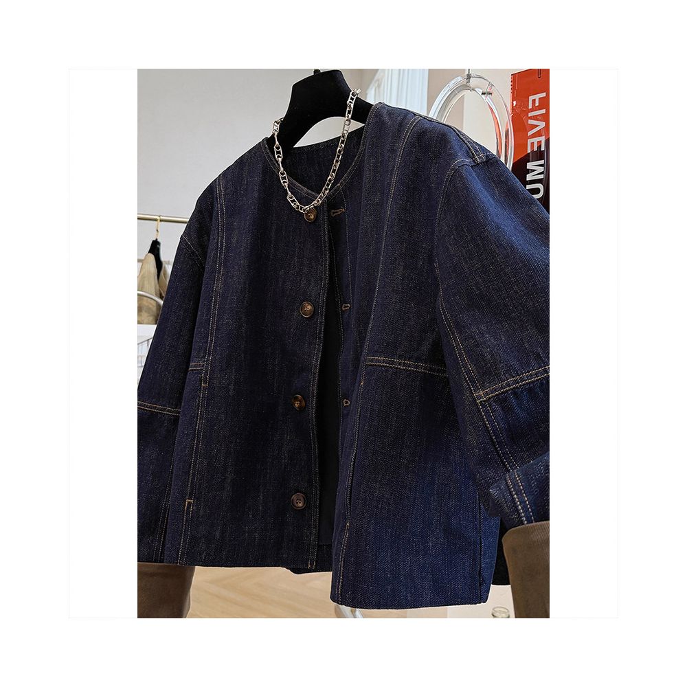 Highly recommended Super stylish French retro blue denim jacket for women loose fit versatile and trendy for petite women perfect for autumn image 3