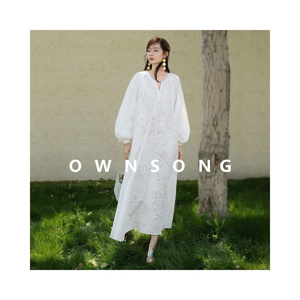 OWNSONG Lightweight Holiday French Style Lazy Pure Cotton Heavy Embroidery Dress for Women Summer Loose Fitting Vacation Maxi Dress image 1