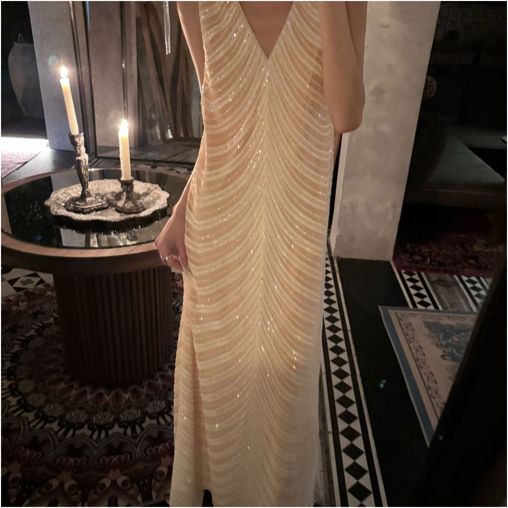 Rio Art DENGHEYI Niche Design V neck Dress Women s Loose fitting Sequined Elegant Long Dress image 1