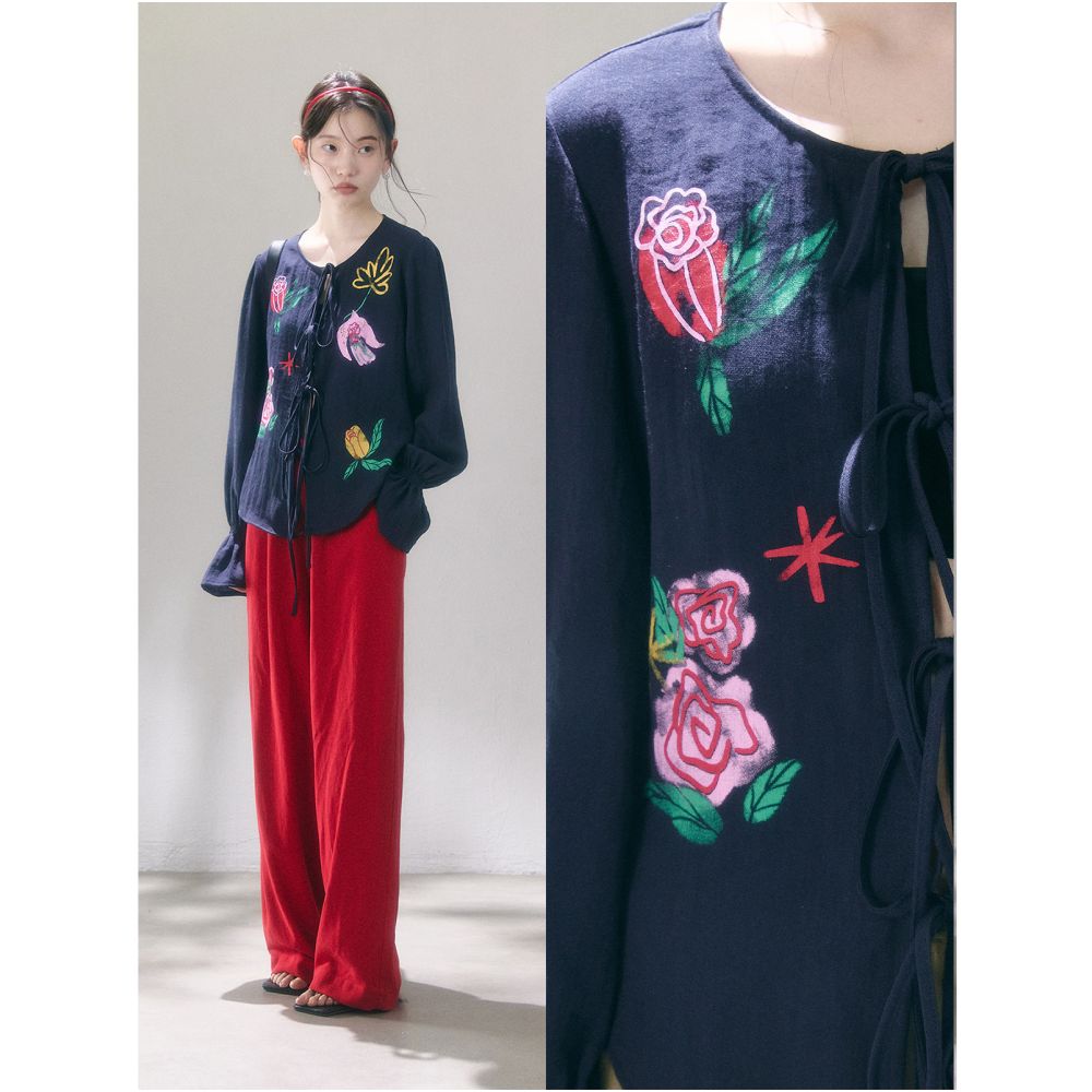 Uare original design Birds and Roses Linen Blend Ink Wash Print Long Sleeve Shirt with Tie image 3