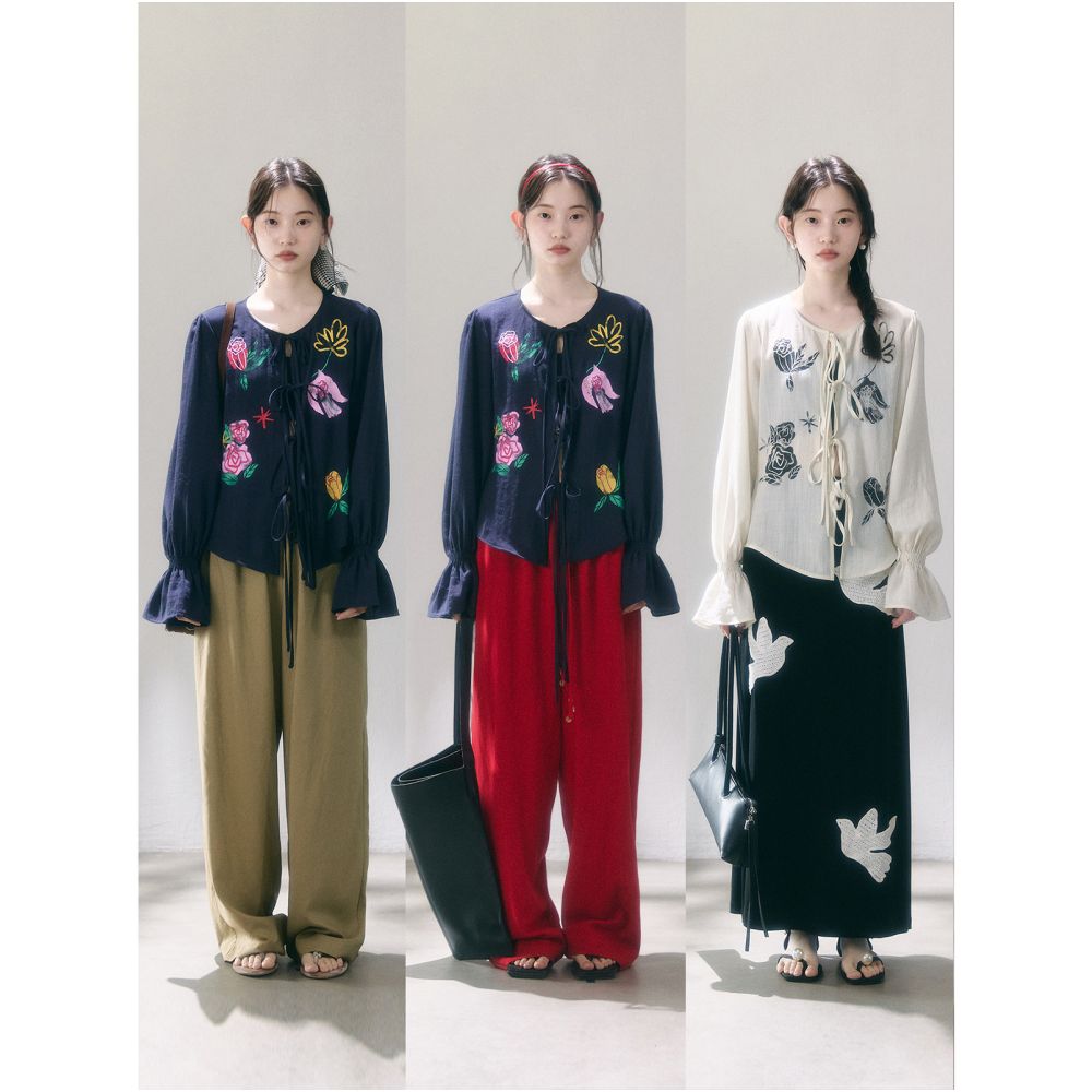 Uare original design Birds and Roses Linen Blend Ink Wash Print Long Sleeve Shirt with Tie image 4