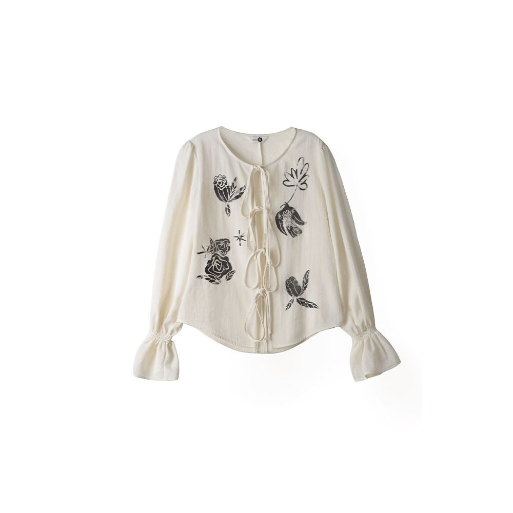ASAYA6928 – Birds & Roses Tie-Front Blouse 🕊️🌹✨