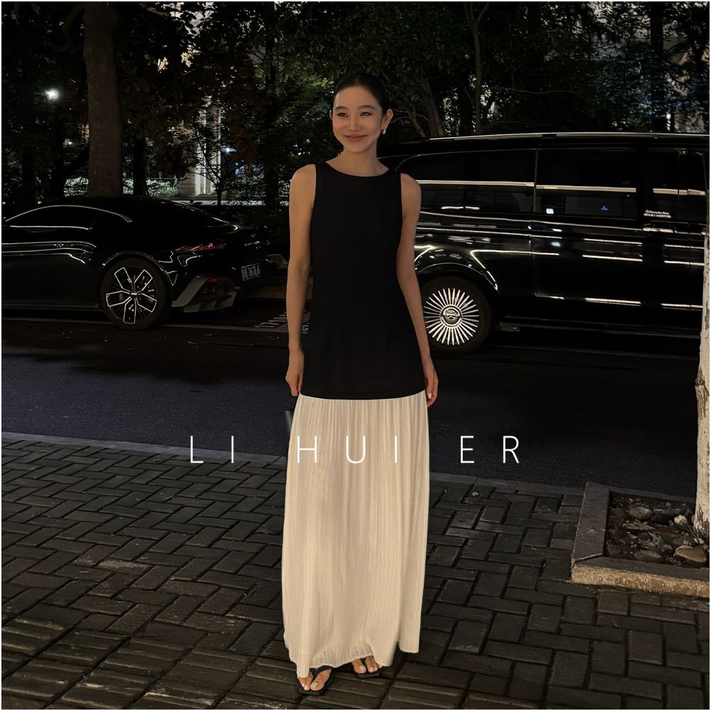 LiHuiEr Monet s Dream 2026 New Black and White Dress Faux Two Piece Sleeveless Vest Long Dress for Women image 5