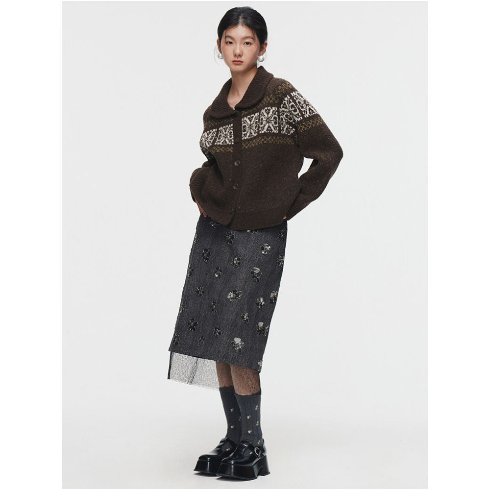 LINGYILI Autumn Winter Collection Grey Denim Embroidered Sequined Miu Style Jacket and Lace Trimmed Skirt Set image 4