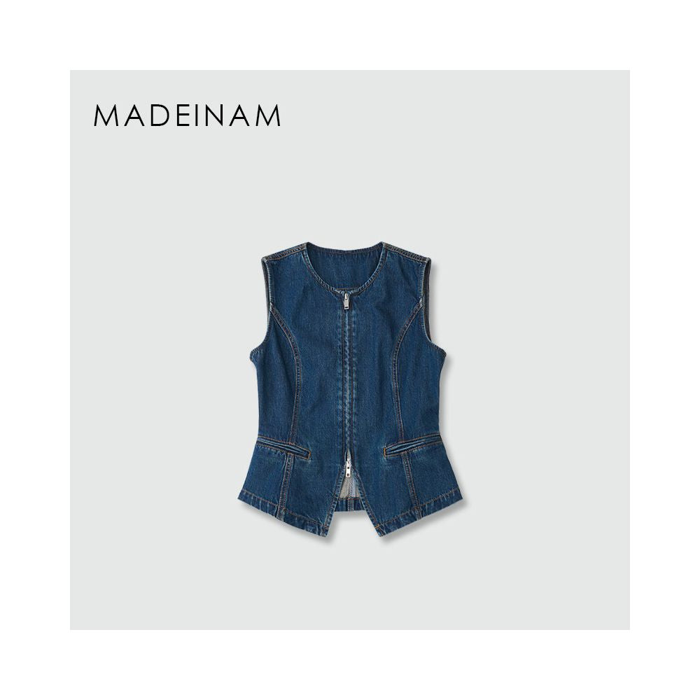 MADEINAM Lyocell Linen Denim Vest Stylish Double Opening Zipper with Top Stitching and Slim Waist image 2