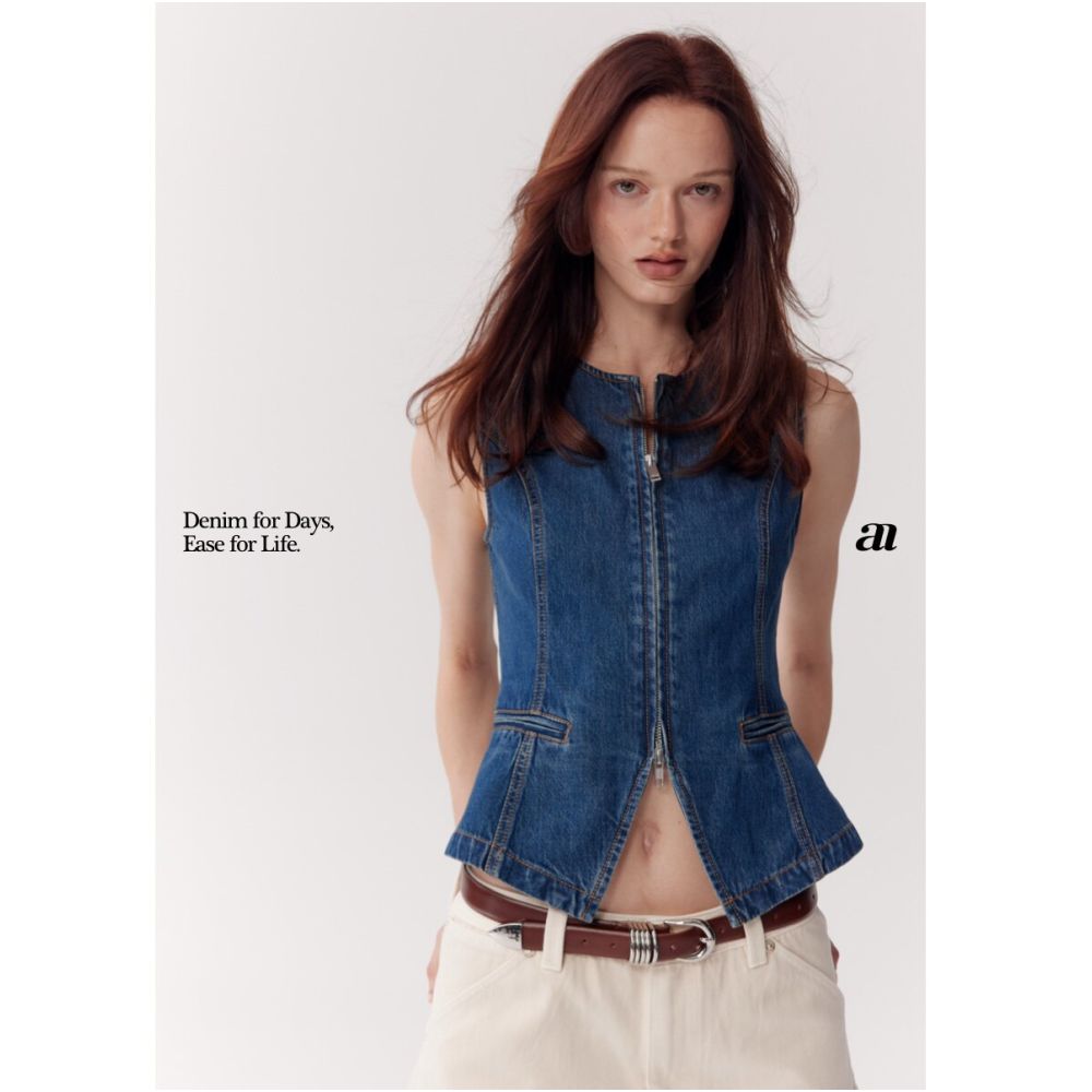 MADEINAM Lyocell Linen Denim Vest Stylish Double Opening Zipper with Top Stitching and Slim Waist image 0