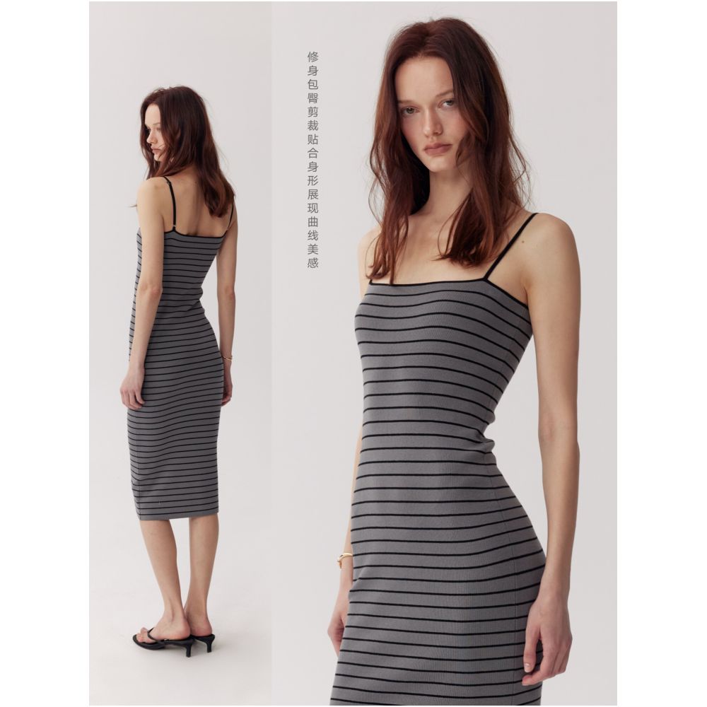 MADEINAM Breathable and Cooling Silk Cotton Elegant and Charming S Curve Striped Knit Bodycon Camisole Dress image 1