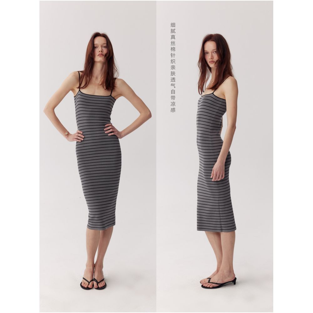 MADEINAM Breathable and Cooling Silk Cotton Elegant and Charming S Curve Striped Knit Bodycon Camisole Dress image 2