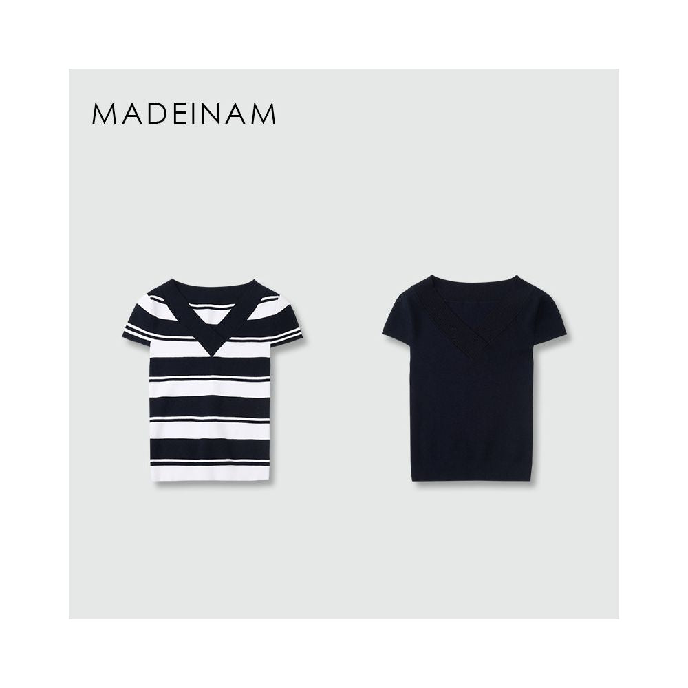 MADEINAM Breathable and Comfortable Cotton Linen Blend Elastic Slim Fit Ribbed Knit V Neck Short Sleeve T Shirt Top image 2