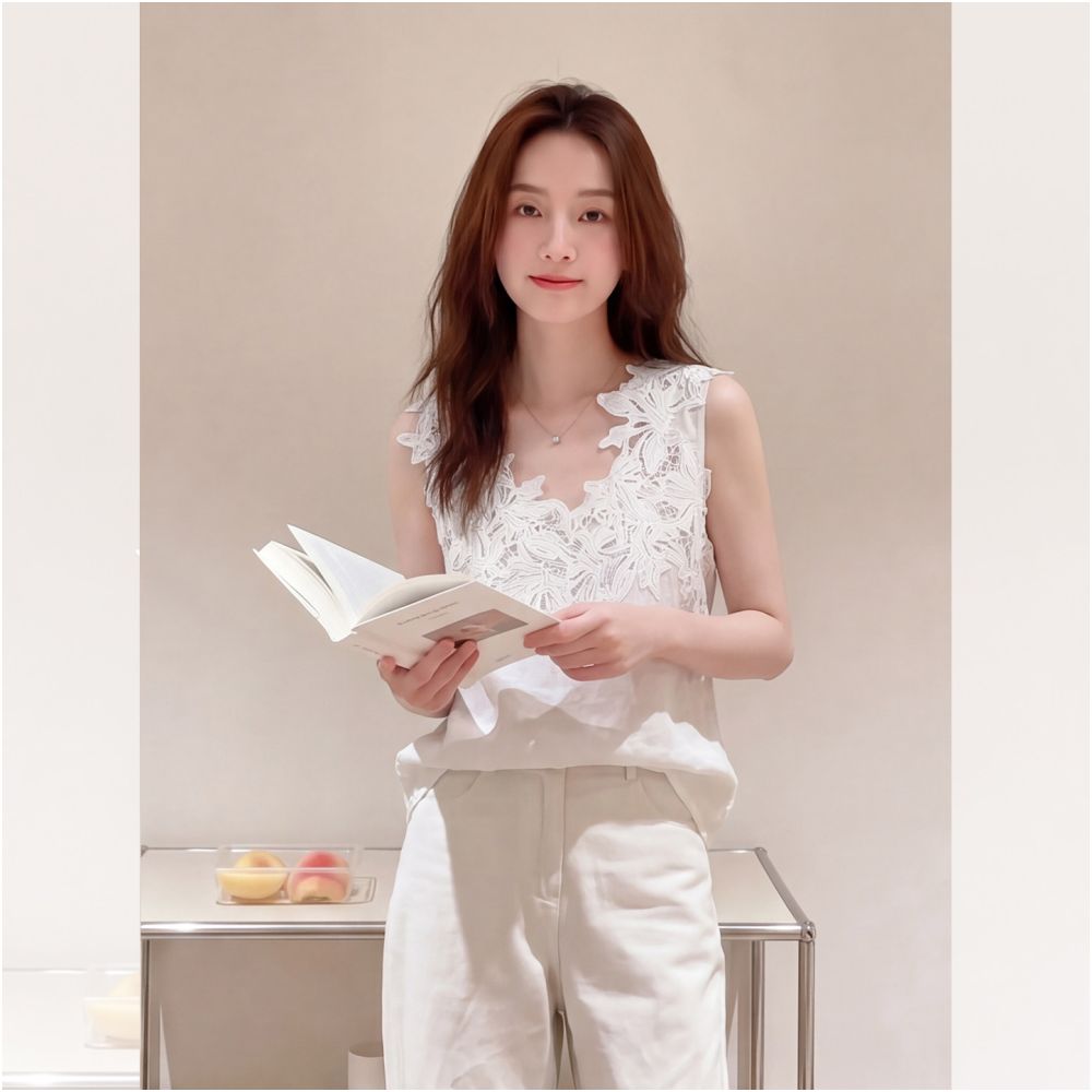 White heavy duty lace trim embroidered patchwork sleeveless vest for women 2026 summer new style absolutely gorgeous plus size top image 2