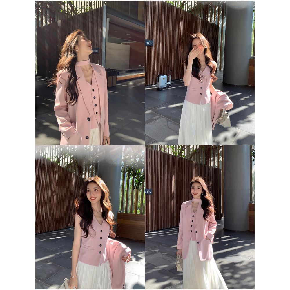 MULVAN Classic Style High End Loose Fitting Ribbon Blazer Set for Women V Neck Slim Waist and Vest image 2