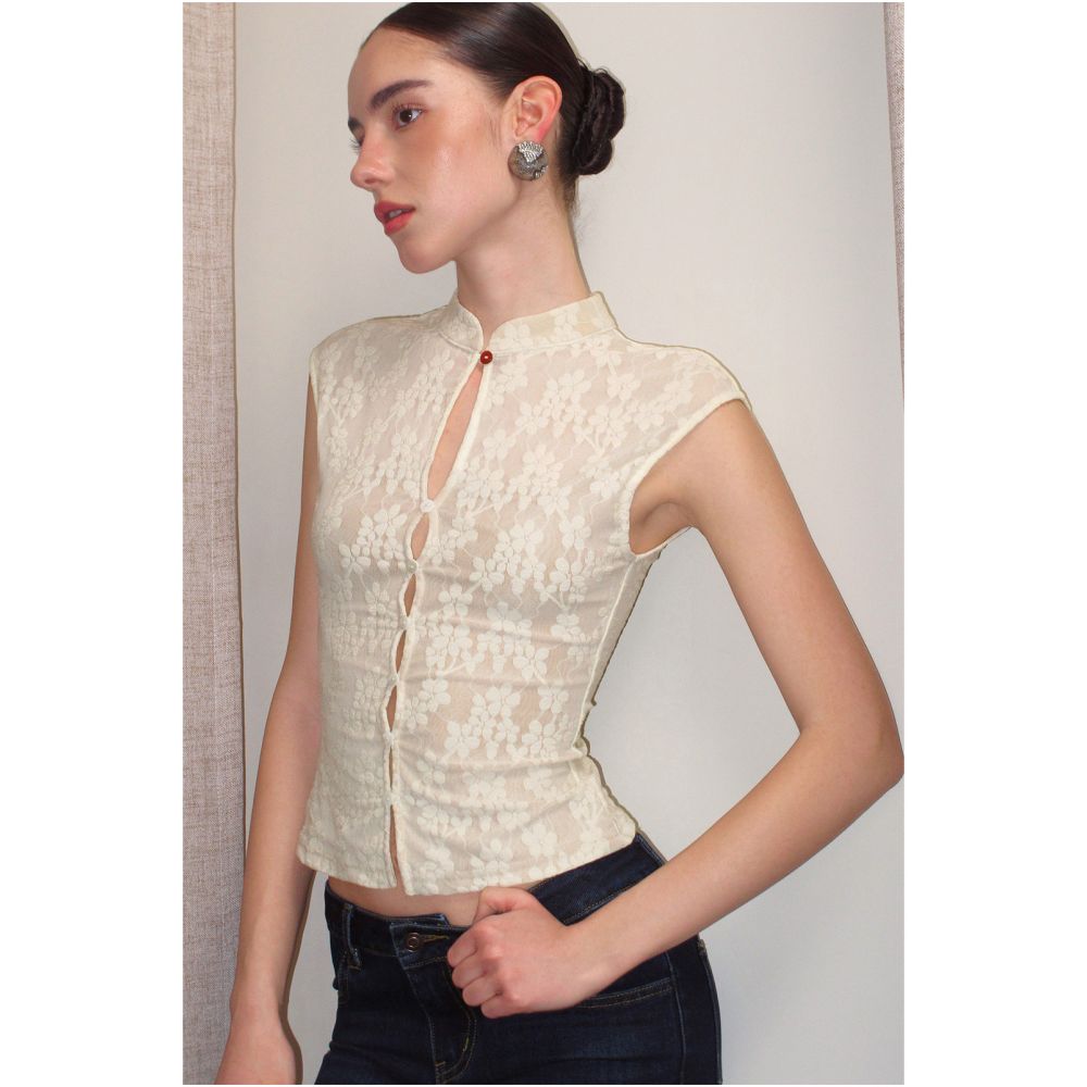 PynkiSwear Light Brown Off White Cheongsam Collar Lace Slightly Sheer Sleeveless Slim Fit Hollowed out New Chinese Style Top image 1
