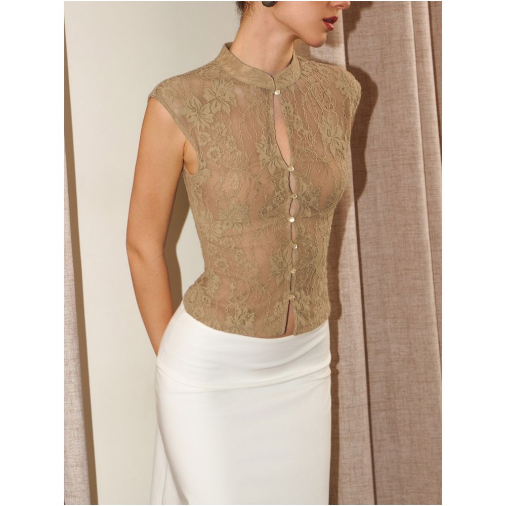 PynkiSwear Light Brown Off White Cheongsam Collar Lace Slightly Sheer Sleeveless Slim Fit Hollowed out New Chinese Style Top image 2