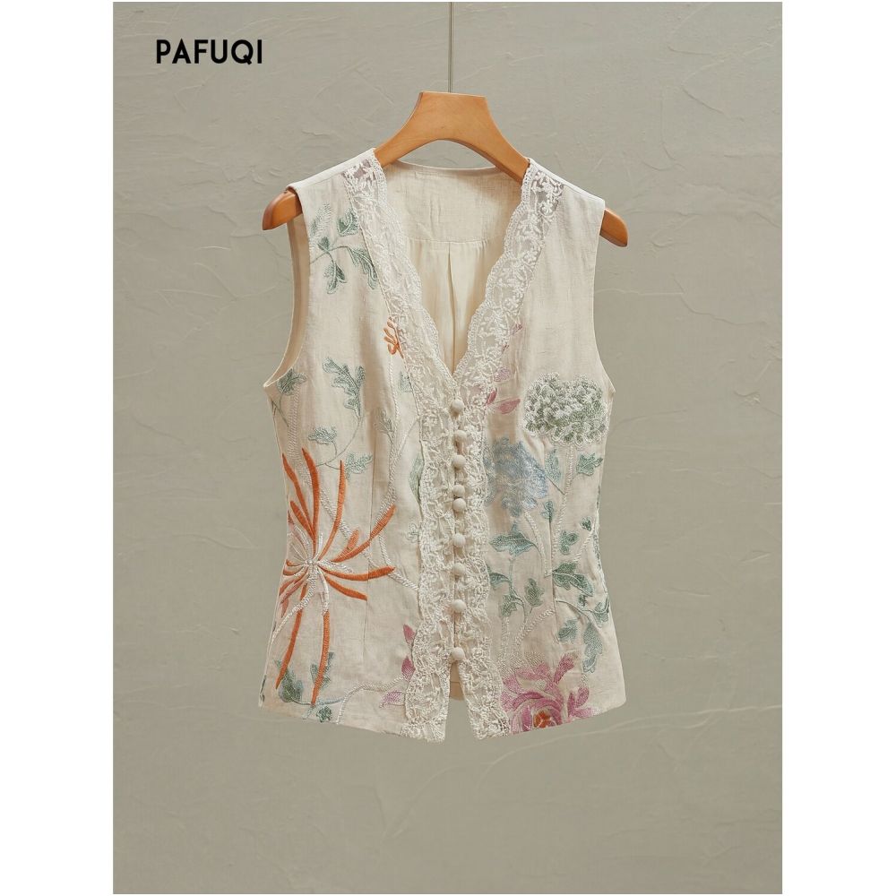 Improved New Chinese Style Heavy Embroidery Sleeveless Linen Vest Thin Style Light Chinese Style Women s Clothing 2026 Summer New Arrival image 3