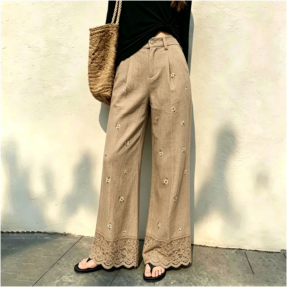 Khaki lace trimmed jacquard linen pants for women new summer 2026 style sophisticated fashionable versatile wide leg pants image 1