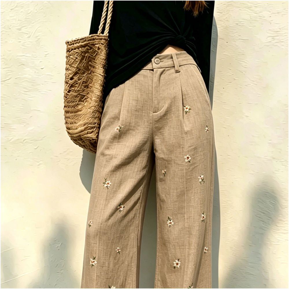 Khaki lace trimmed jacquard linen pants for women new summer 2026 style sophisticated fashionable versatile wide leg pants image 2
