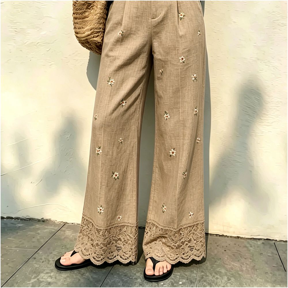 Khaki lace trimmed jacquard linen pants for women new summer 2026 style sophisticated fashionable versatile wide leg pants image 4