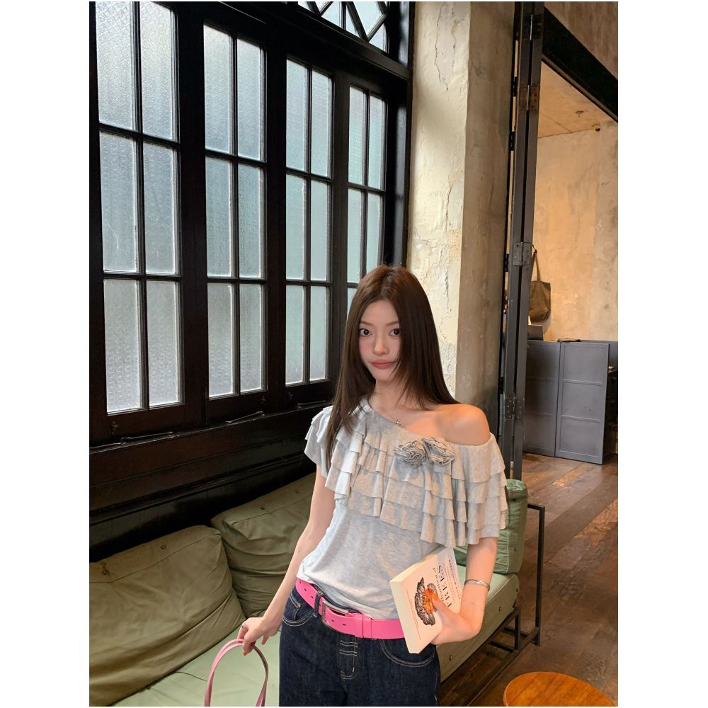 ASAYA6952 – Rosette Whisper Off-Shoulder Top 🌸🩶