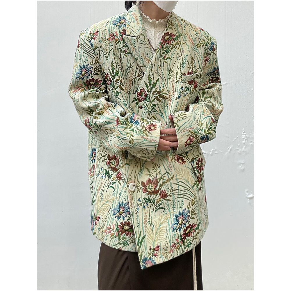 PCGO 14GSL Niche Design Retro Floral V Neck Side Button Padded Shoulder Suit Jacket for Men and Women image 3