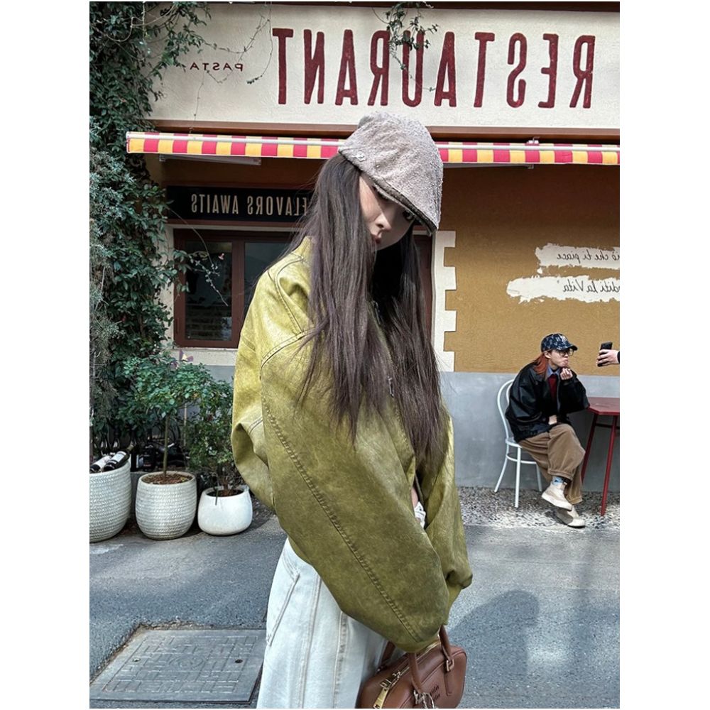Avocado green retro leather jacket for women 2026 new style super hot and cool petite motorcycle jacket American style image 0