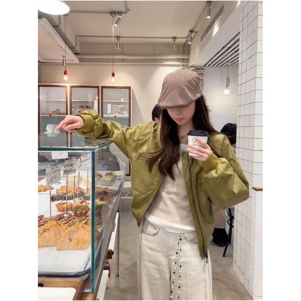 Avocado green retro leather jacket for women 2026 new style super hot and cool petite motorcycle jacket American style image 4