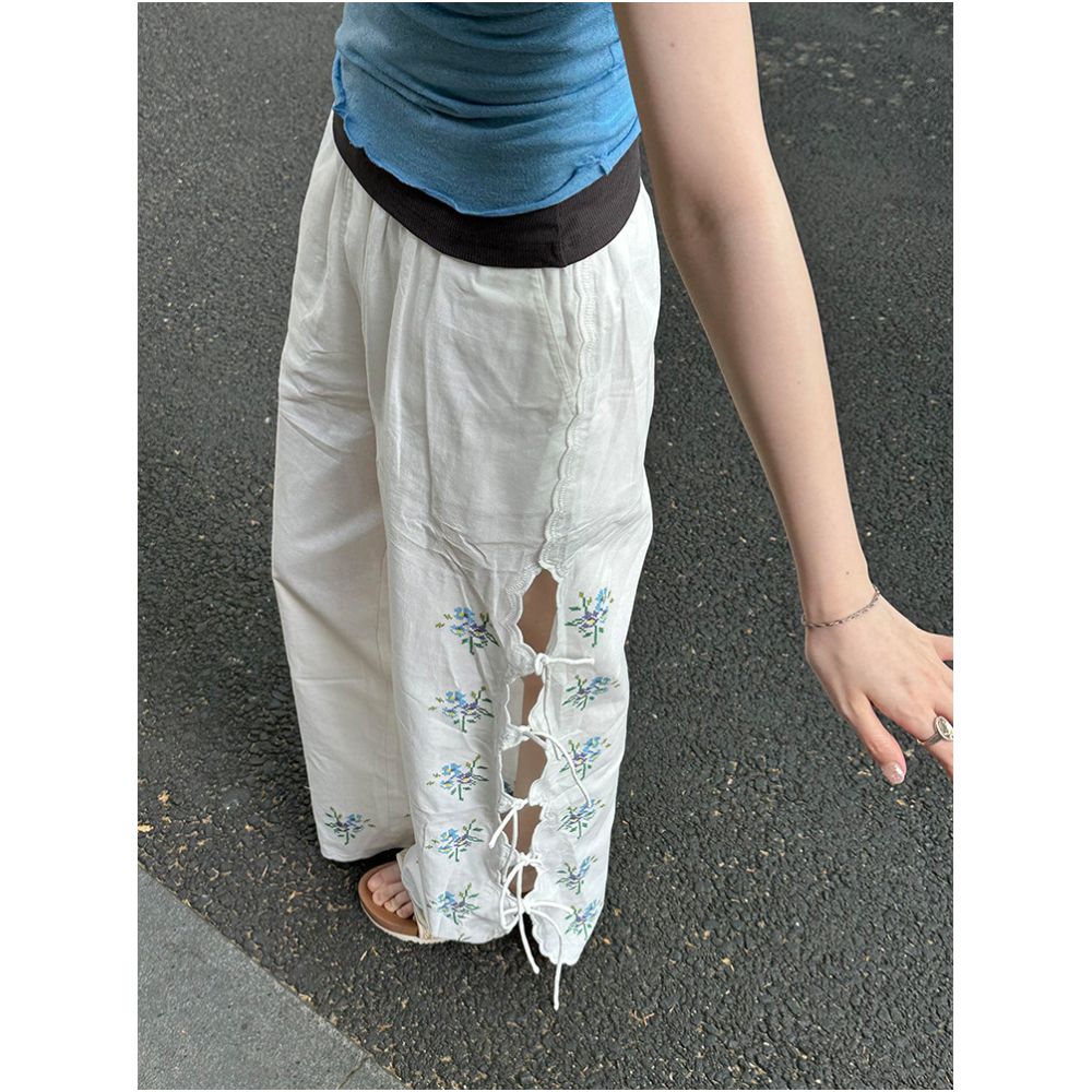 Shenzhen Nanyou upscale boutique Retro floral embroidered hollow out tie waist linen straight wide leg trousers for women summer image 0