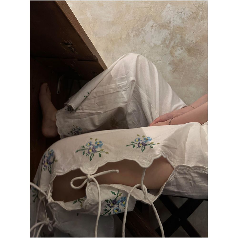 Shenzhen Nanyou upscale boutique Retro floral embroidered hollow out tie waist linen straight wide leg trousers for women summer image 1