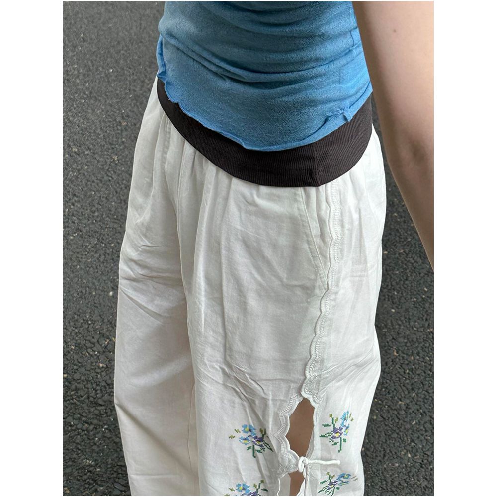 Shenzhen Nanyou upscale boutique Retro floral embroidered hollow out tie waist linen straight wide leg trousers for women summer image 2
