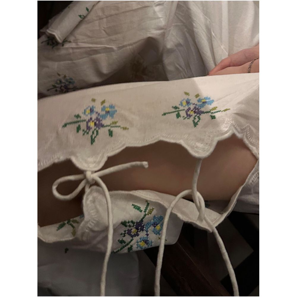 Shenzhen Nanyou upscale boutique Retro floral embroidered hollow out tie waist linen straight wide leg trousers for women summer image 3