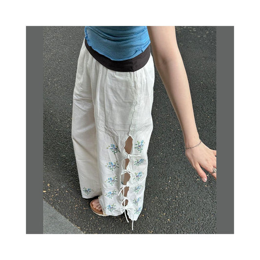 ASAYA6958 – Forget-Me-Not Lace-Up Wide Leg Pants 🤍🩵