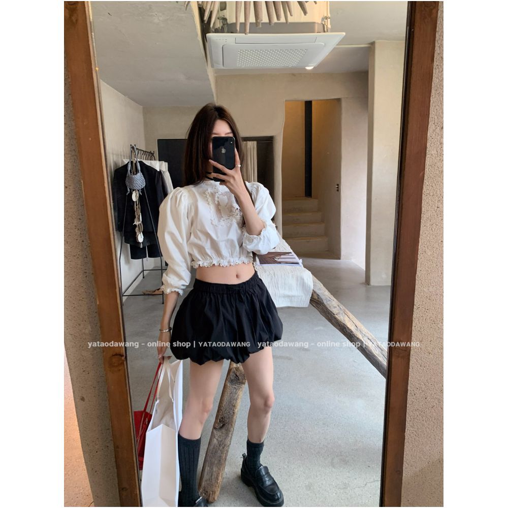 Big Dog with Braces nini Summer 2026 New White Five Point Puff Sleeve Reversible Women s Shirt image 1