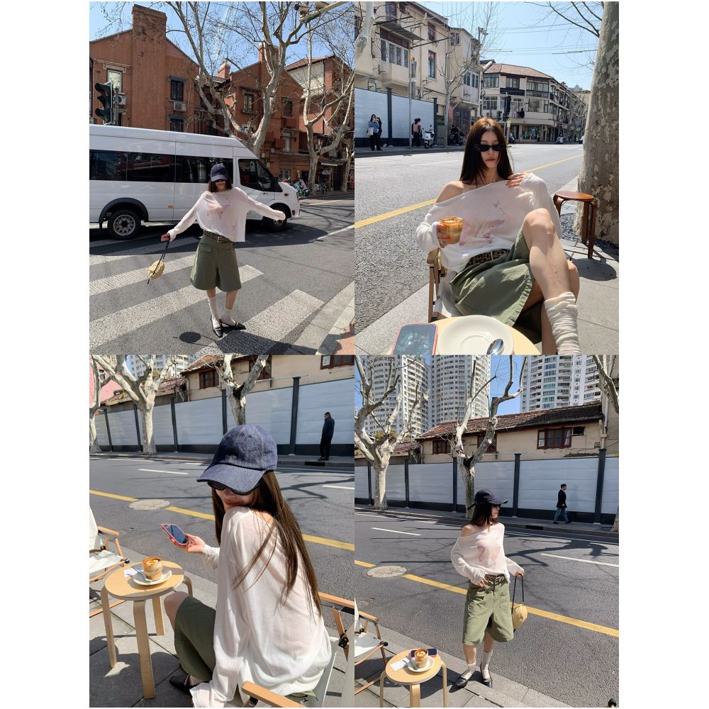 Big Dog with Braces Backlight Butterfly Sheer Lazy Off Shoulder Sun Protection Long Sleeve T Shirt with Butterfly Print and Diffusion Effect image 1