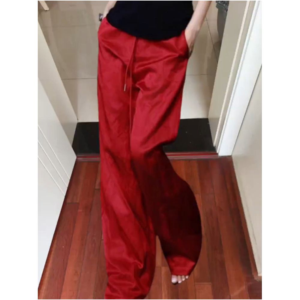 Niche style relaxed fit red linen wide leg pants for women 2026 summer thin plus size high end straight leg casual pants for curvy women image 0