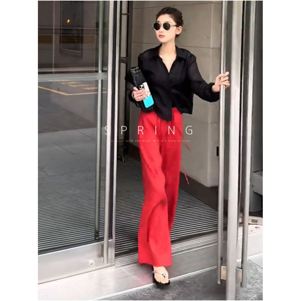 Niche style relaxed fit red linen wide leg pants for women 2026 summer thin plus size high end straight leg casual pants for curvy women image 1