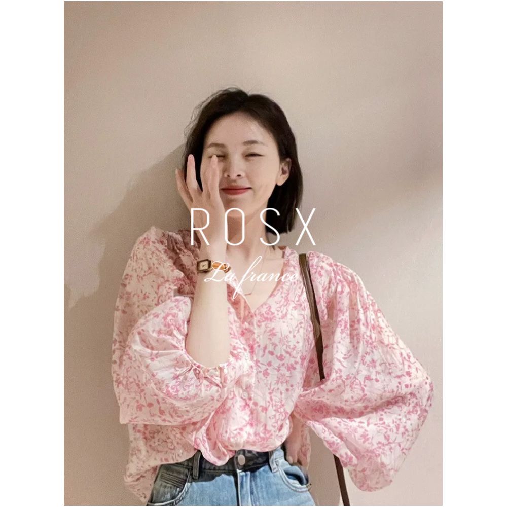 ROSX French style soft pink floral puff sleeve blouse for women summer thin style super fairy sweet age reducing sun protection shirt image 0