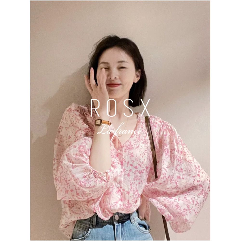 ROSX French style soft pink floral puff sleeve blouse for women summer thin style super fairy sweet age reducing sun protection shirt image 2