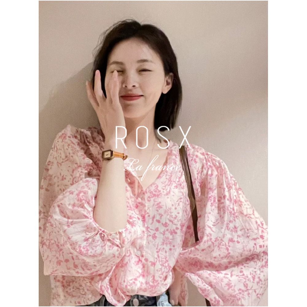 ROSX French style soft pink floral puff sleeve blouse for women summer thin style super fairy sweet age reducing sun protection shirt image 3