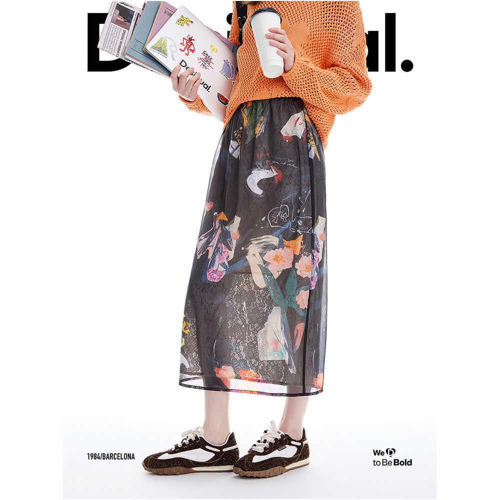 Desigual Spring Summer 2026 New Arrival Illustration Print Organza Lace Elastic Waist Long Women s Skirt image 2