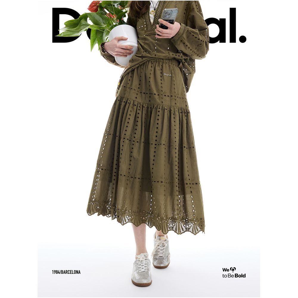 Desigual Spring Summer 2026 New Arrival Hollow out Embroidered Elastic Waist Long A line Women s Skirt image 2