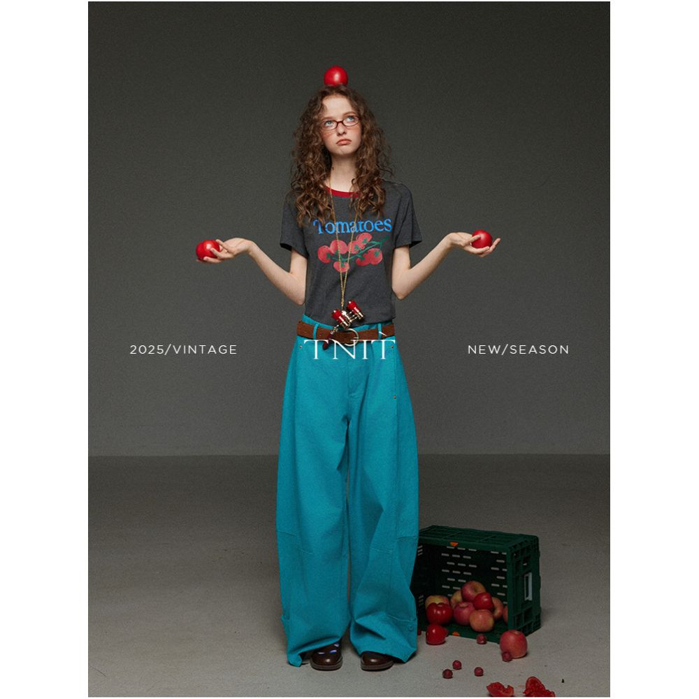 TNIT Retro Color Block Round Neck Tomato Print Letter Short Sleeve T Shirt Women s Summer Design Unique Top image 0