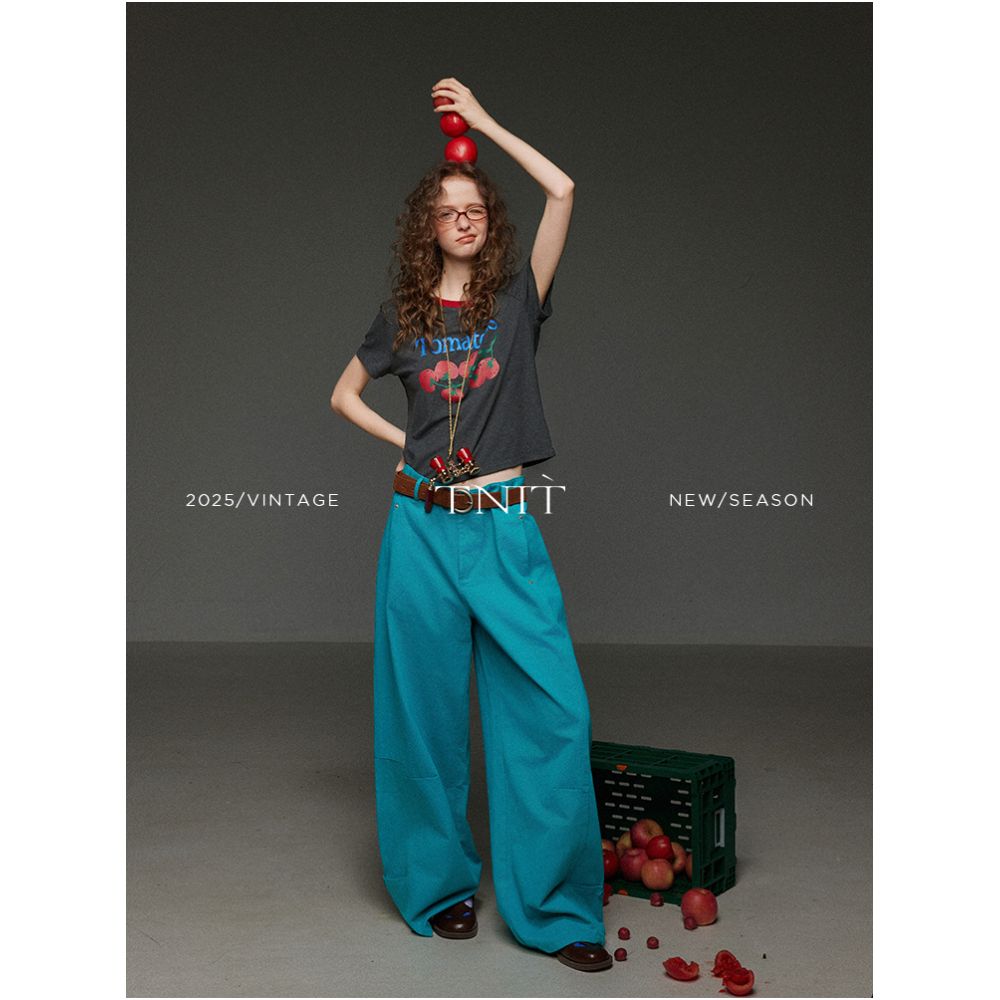 TNIT Retro Color Block Round Neck Tomato Print Letter Short Sleeve T Shirt Women s Summer Design Unique Top image 1