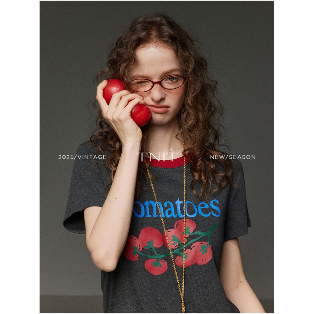 TNIT Retro Color Block Round Neck Tomato Print Letter Short Sleeve T Shirt Women s Summer Design Unique Top image 2