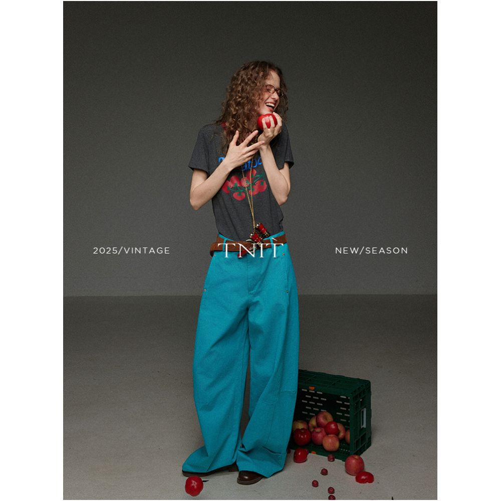 TNIT Retro Color Block Round Neck Tomato Print Letter Short Sleeve T Shirt Women s Summer Design Unique Top image 4