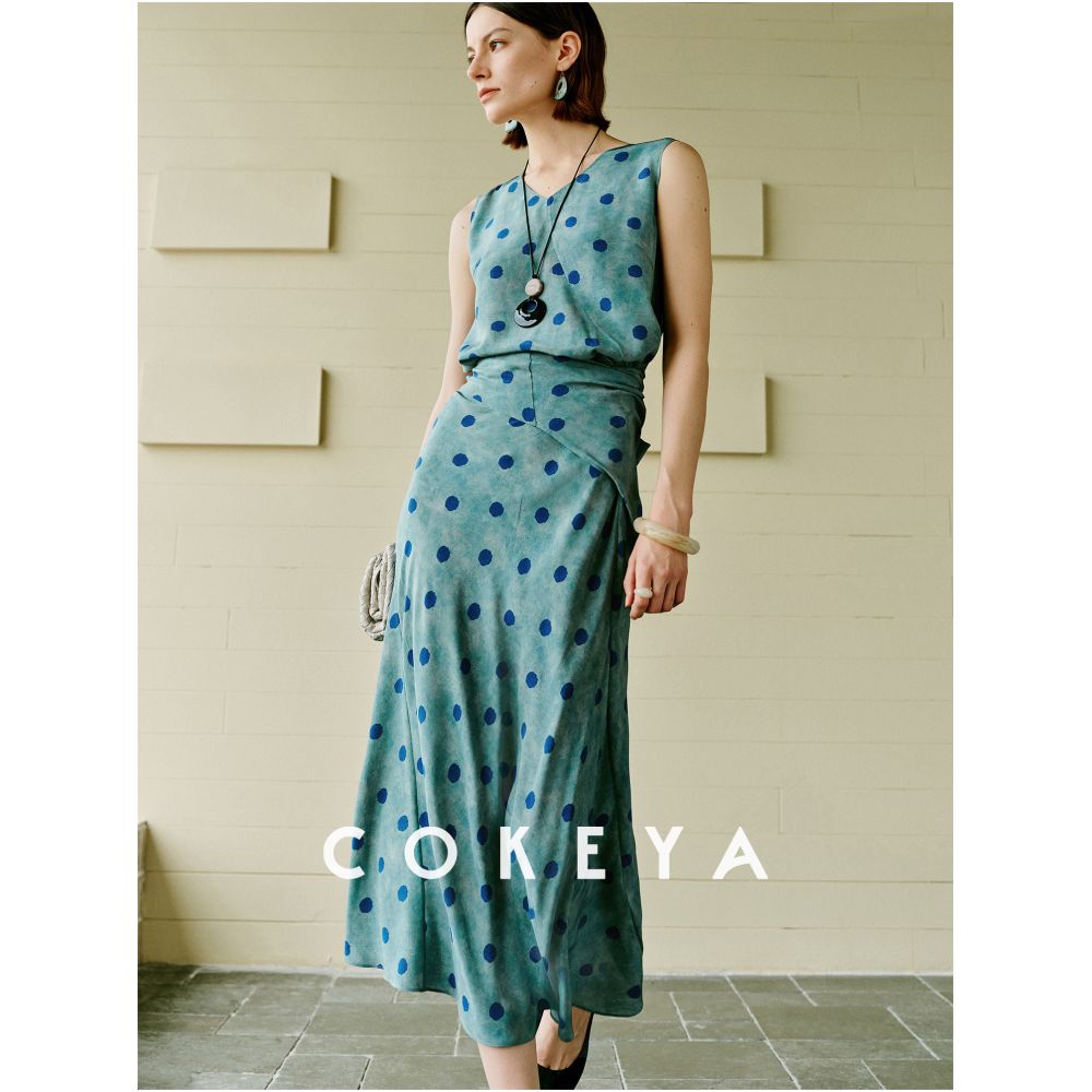 COKEYA Seine Evening Breeze 6A Grade Silk Mulberry Silk Polka Dot Vest French V Neck Sleeveless Dress for Women Summer image 3