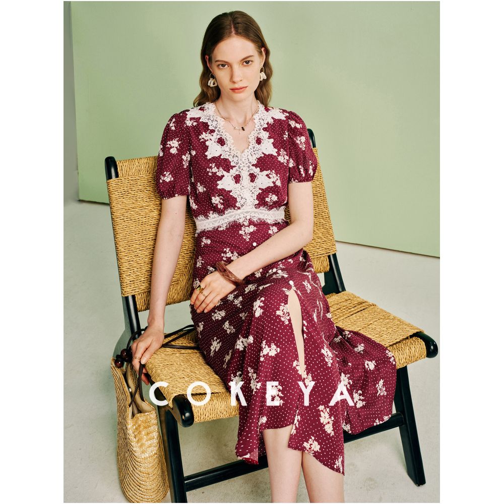 COKEYA Spring Night Cherry Blossom Silk V neck Slim Waist Short Sleeve French Floral Tea Dress for Women Summer image 1