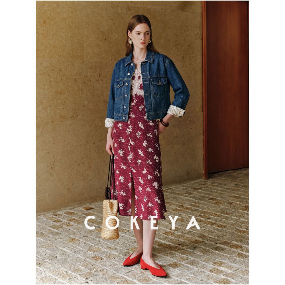 COKEYA Spring Night Cherry Blossom Silk V neck Slim Waist Short Sleeve French Floral Tea Dress for Women Summer image 3