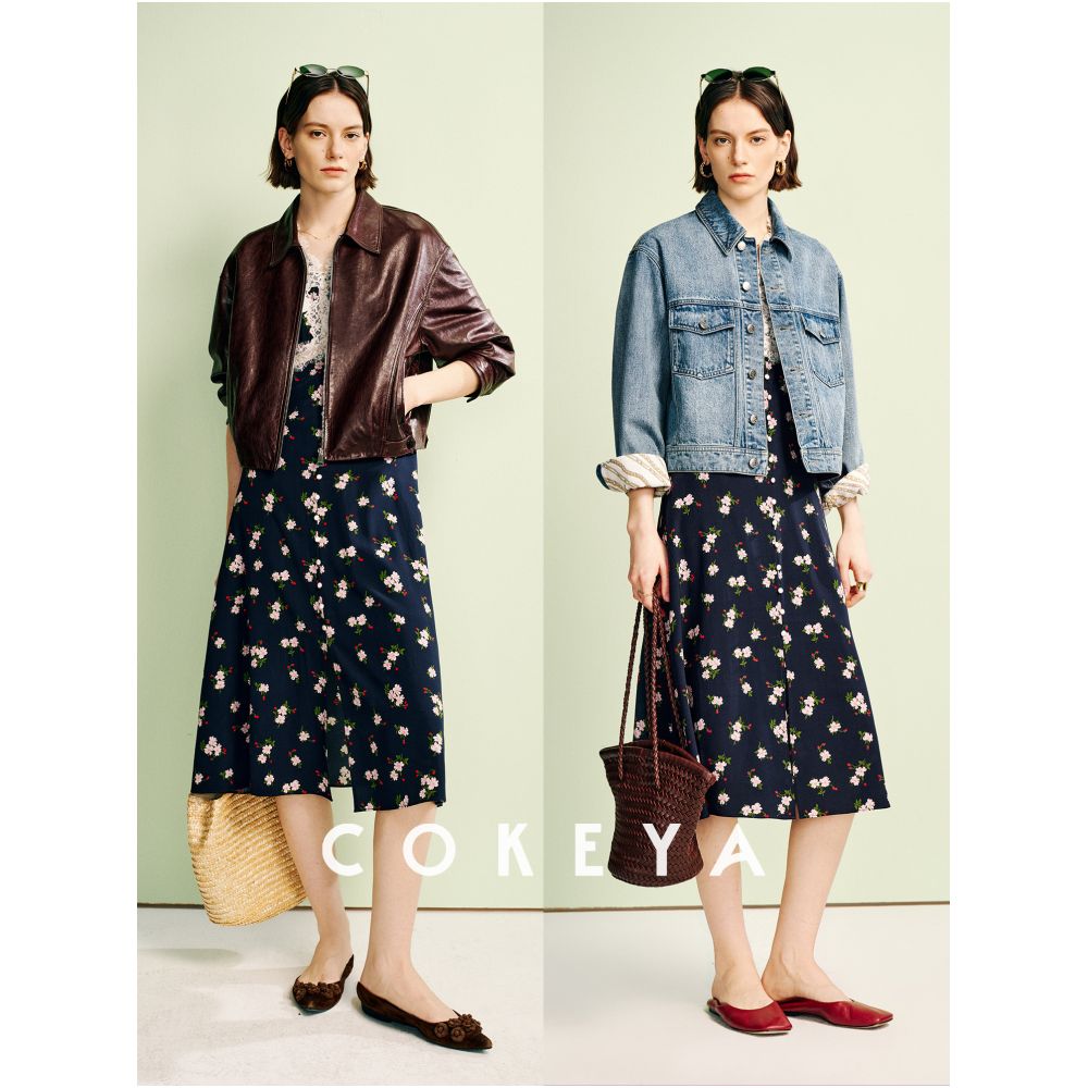 COKEYA Spring Night Cherry Blossom Silk V neck Slim Waist Short Sleeve French Floral Tea Dress for Women Summer image 4