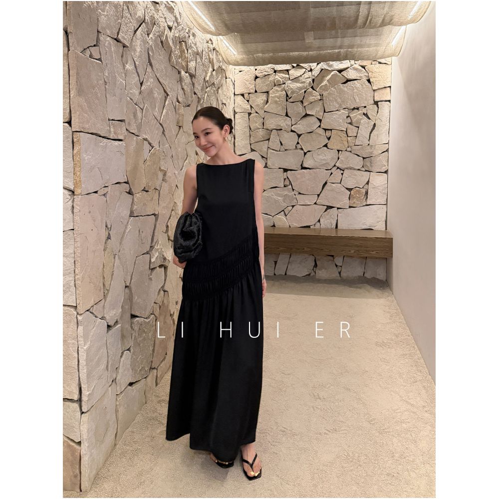 LiHuiEr Scottish Lake Summer Black Round Neck Sleeveless High Waist French Vest Dress for Women image 4