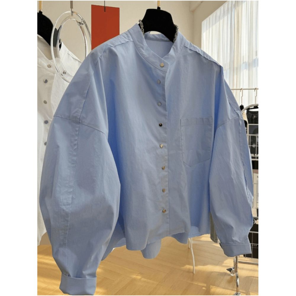 Unique and sophisticated European style long sleeved stand up collar shirt for women perfect for spring Loose fit and stylish design image 0